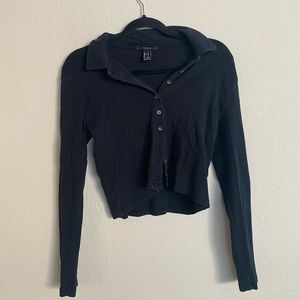 Black Cropped Long Sleeve Button up